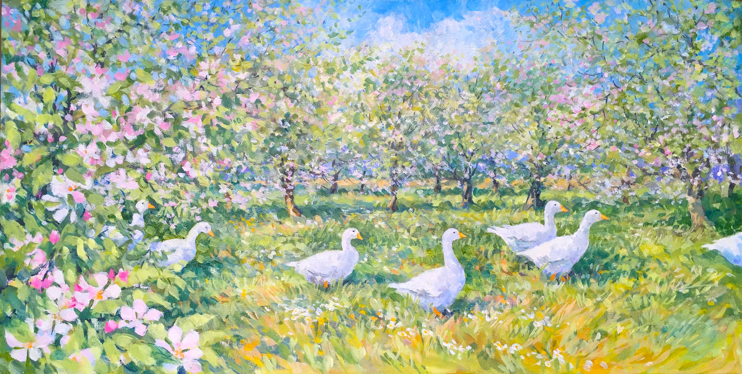 Geese in a Spring Orchard